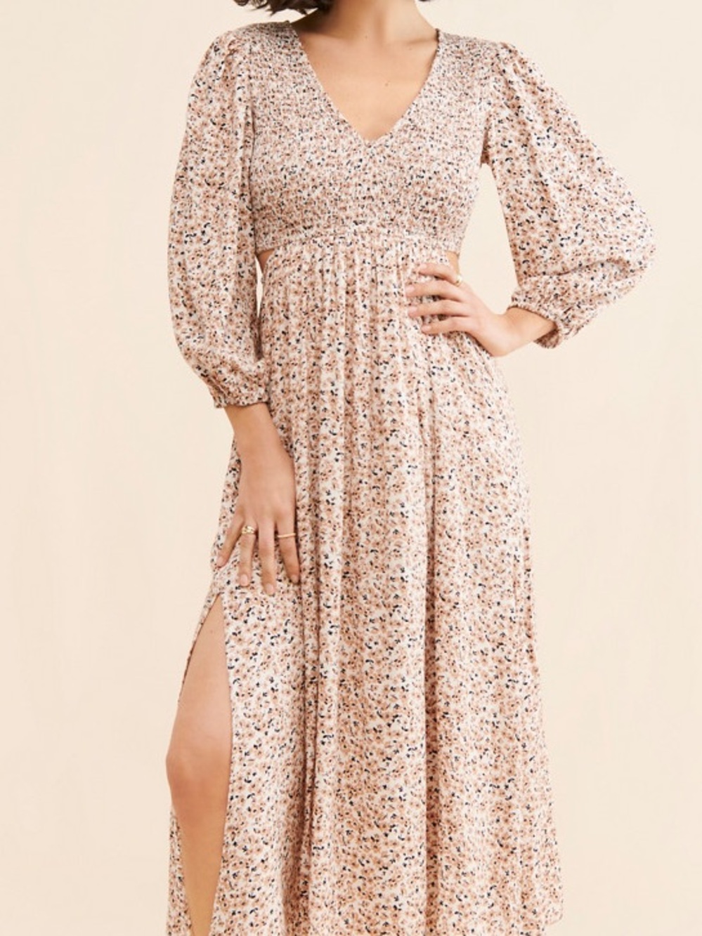 Saltwater Luxe Janet Midi- Beige Floral Smocked Dress